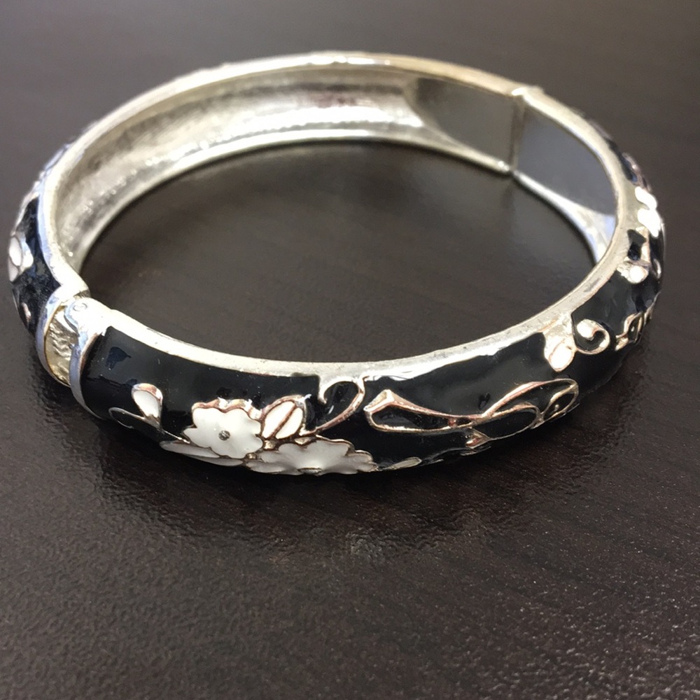 Black and White Floral Enamel Statement Bangle Bracelet